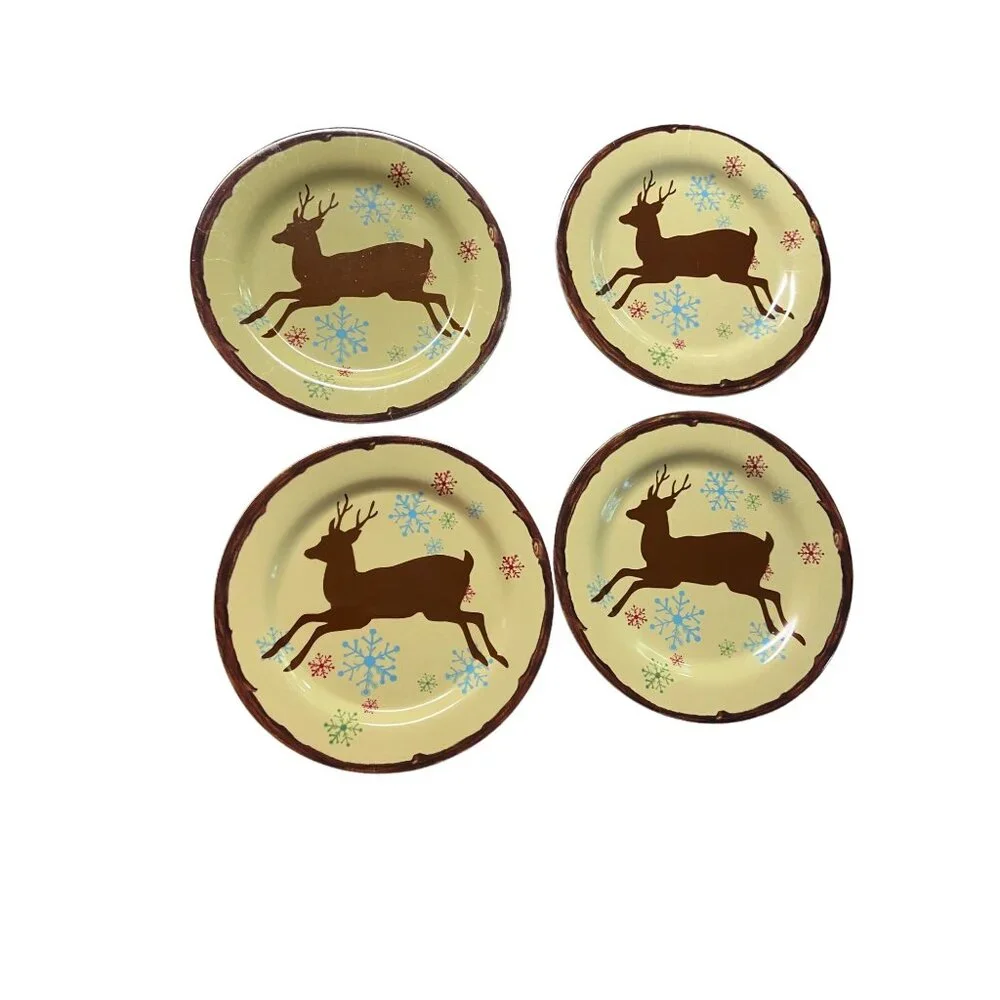 Wallace Reindeer Plates Set of 4 Holiday Snowflake Rustic Lodge Christmas Decor